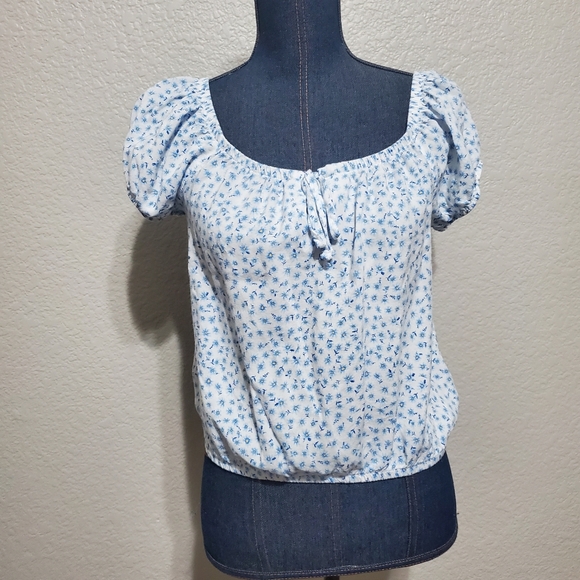 Pink Rose Blue Floral Print Square Neck Top Juniors Women's Large - Picture 1 of 5